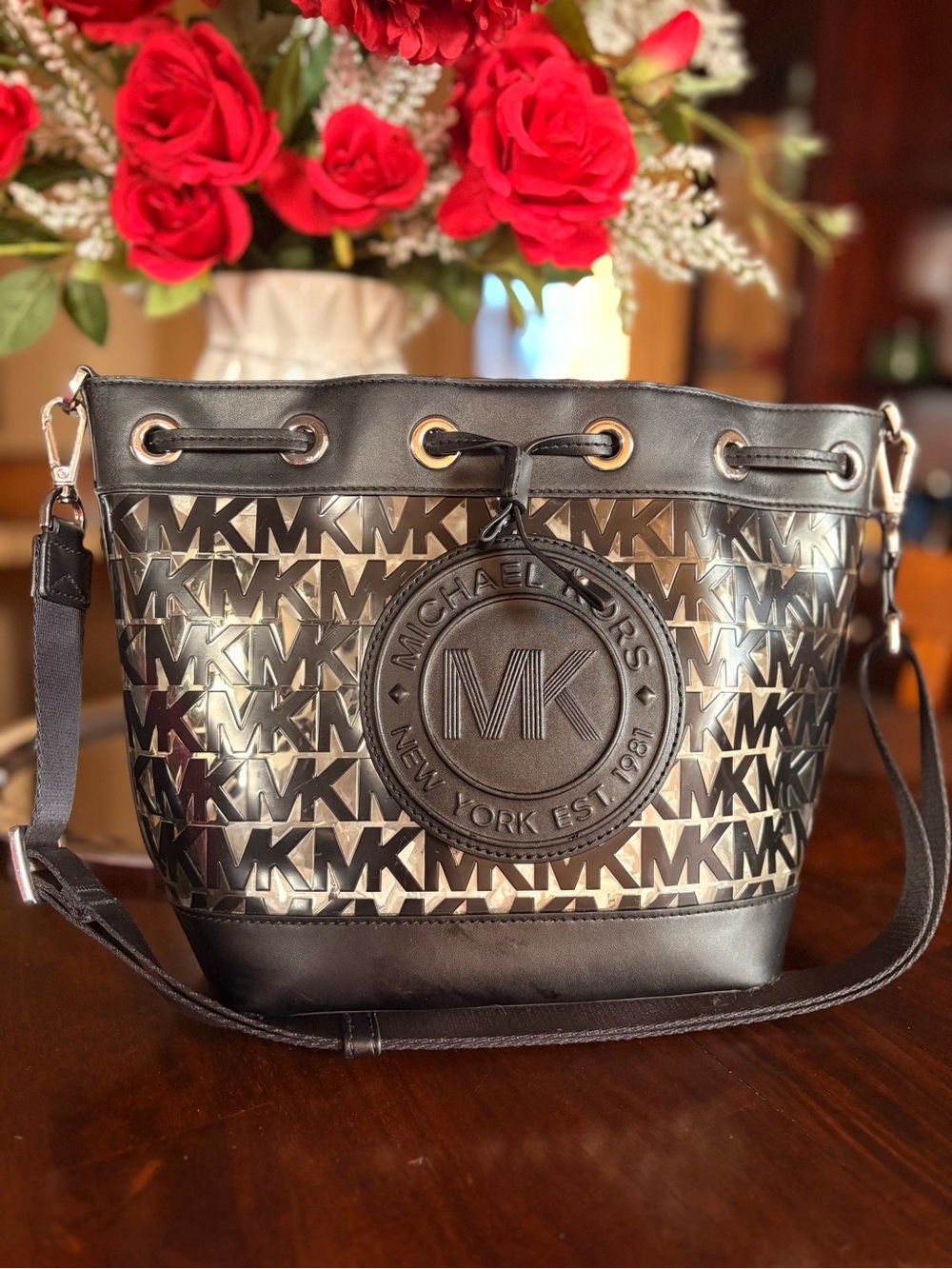 Michael Kors Black & Gold MK Logo Drawstring Crossbody Bucket Bag